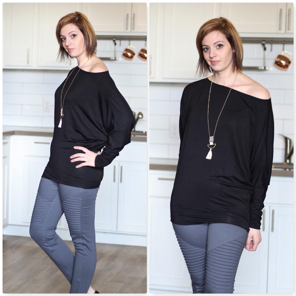 Black Off The Shoulder Dolman Sleeve Top - Picture 2 of 5